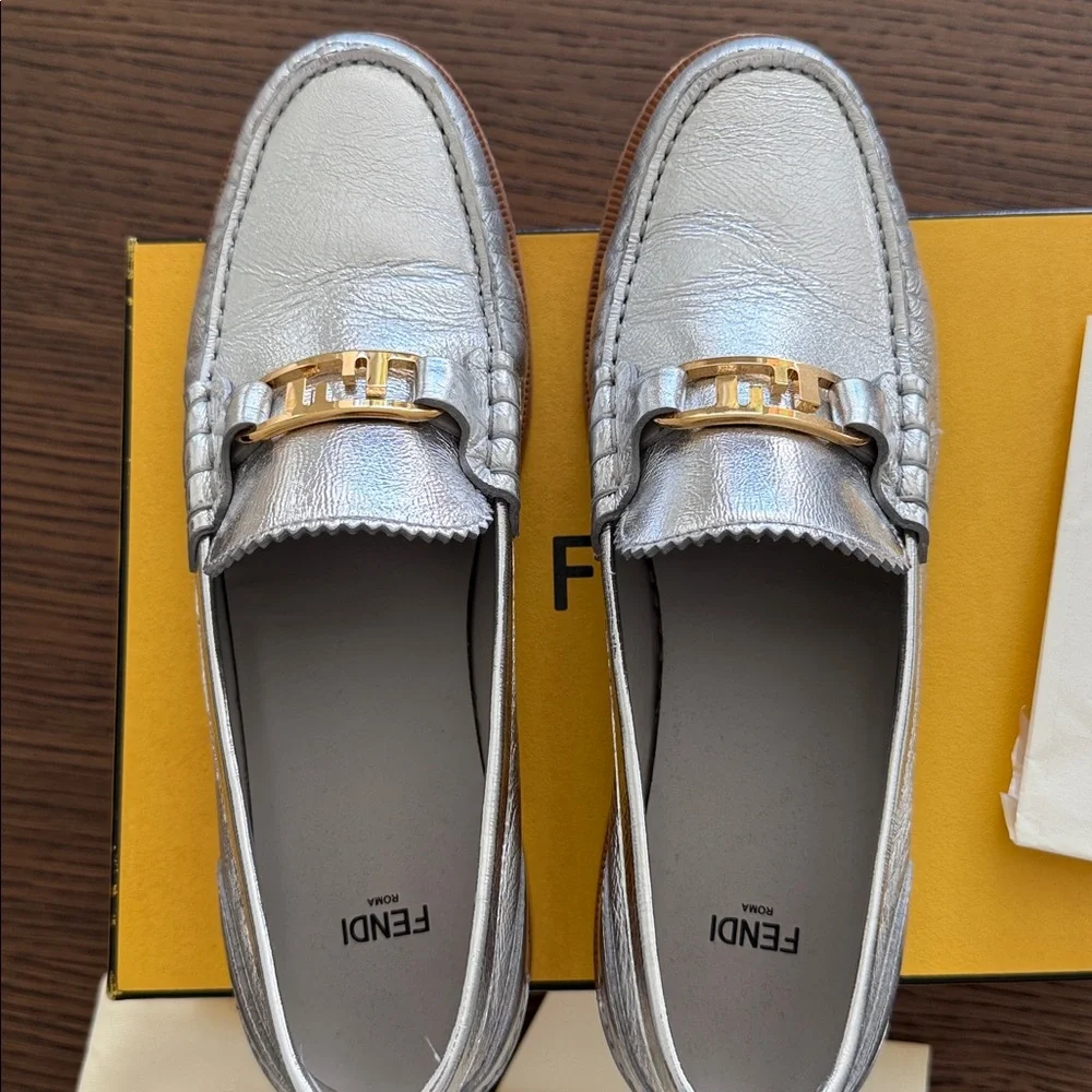 Fendi Metallic Silver Loafers with Gold Accent. Women’s size 40. - Picture 7 of 9